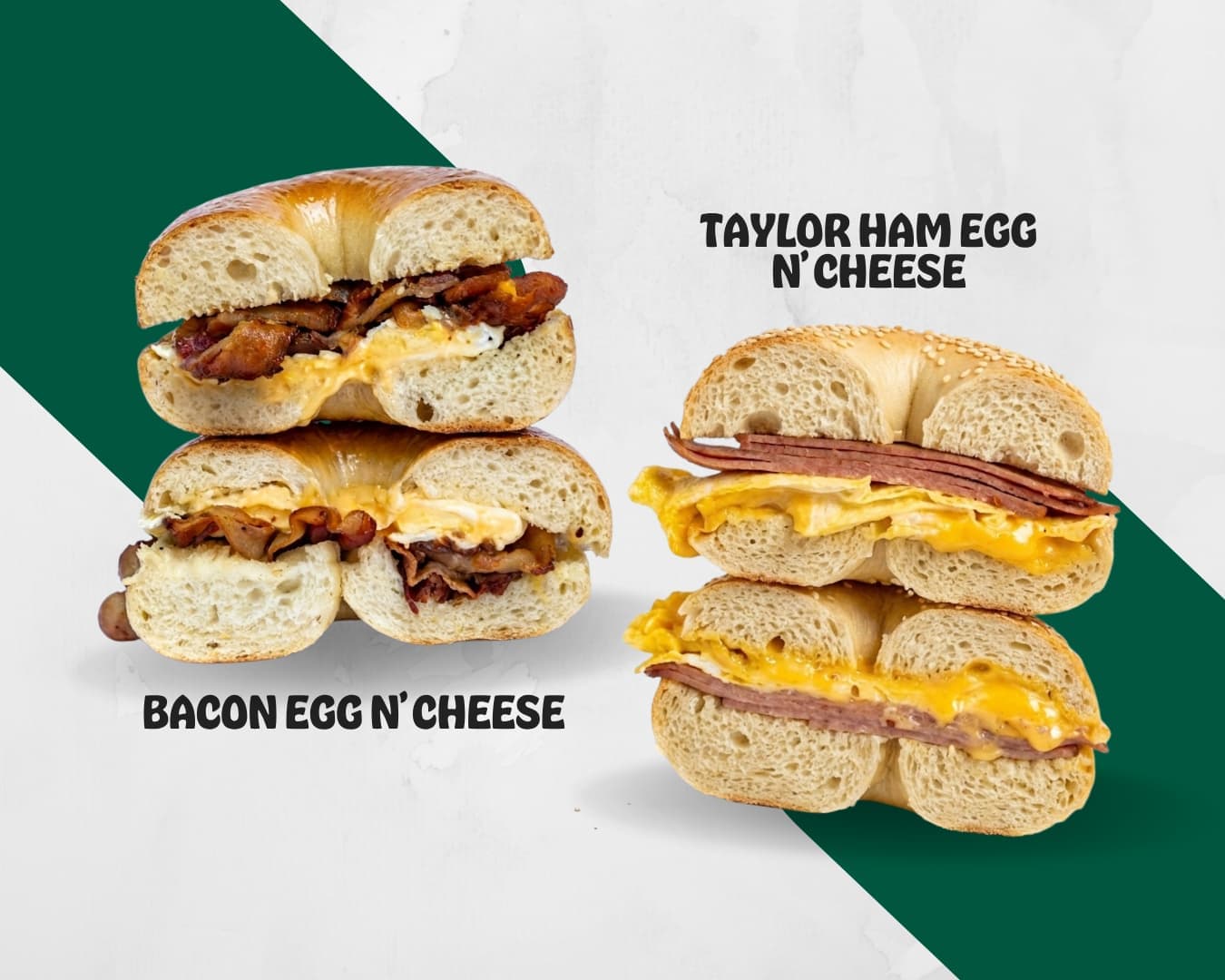 O'Bagel breakfast sandwiches — Bacon Egg & Cheese and Taylor Ham Egg & Cheese